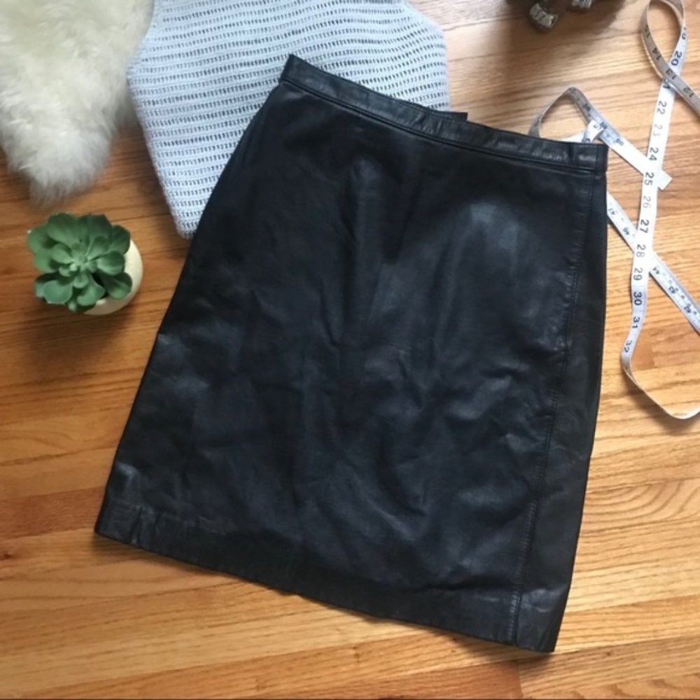 Vtg Black Leather Pencil Skirt